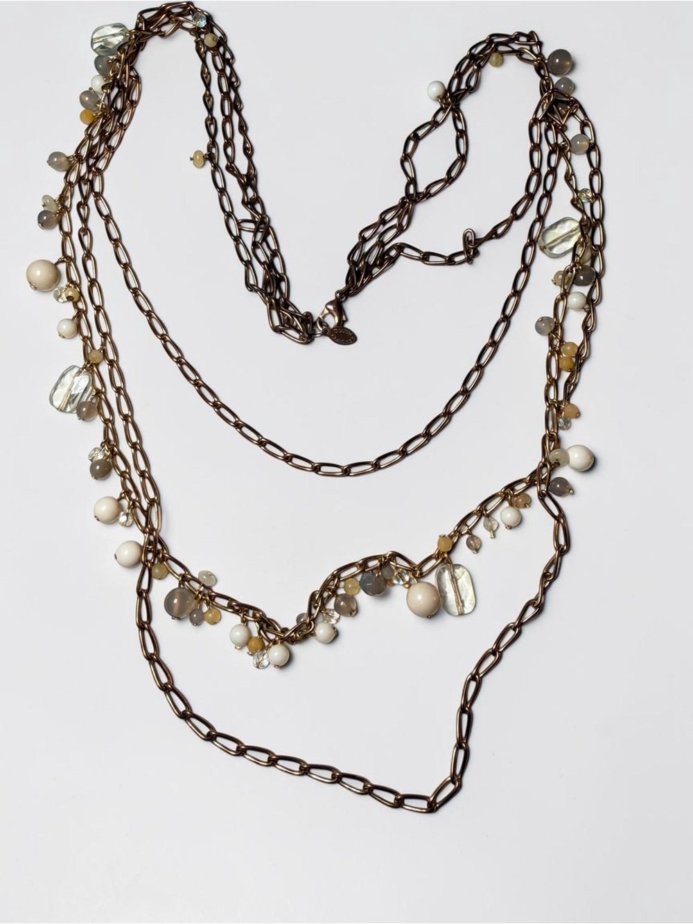 Multi-Strand Bronze Chain Necklace with Cream and Gray Beads -